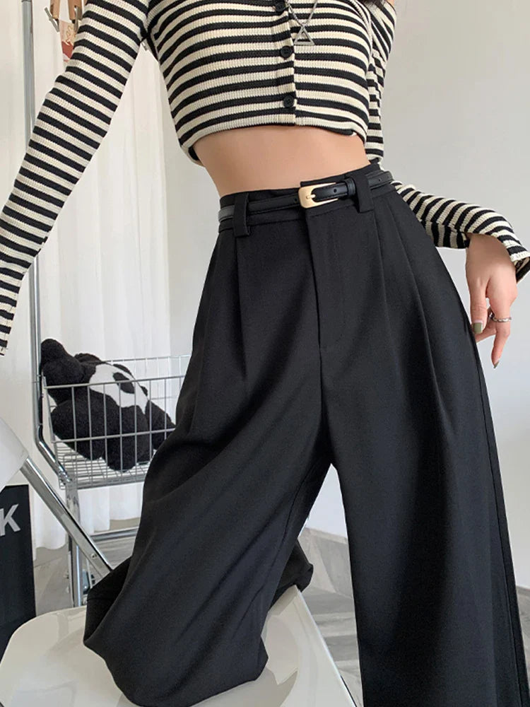 2025 Fall Winter Elegant Gray Suits Pants for Women Office Lady High Waist Wide Leg Fashion Trousers with Pockets Black Pants