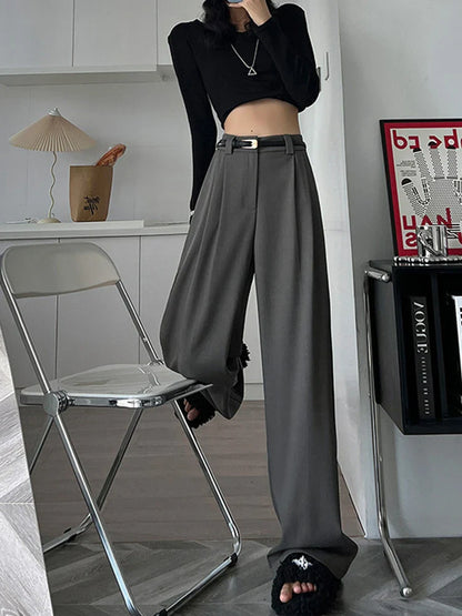 2025 Fall Winter Elegant Gray Suits Pants for Women Office Lady High Waist Wide Leg Fashion Trousers with Pockets Black Pants