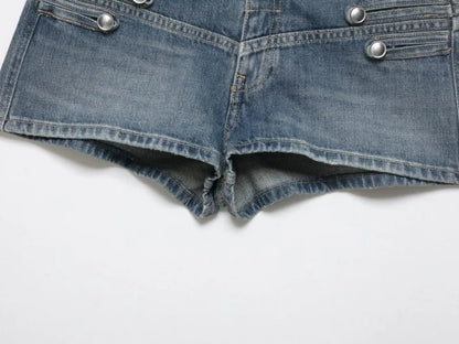 2026 New Women Denim 2 Piece Set Streetwear Button Decorated Stand Collar Cropped Jacket + Low Waist Shorts Y2K Outfi