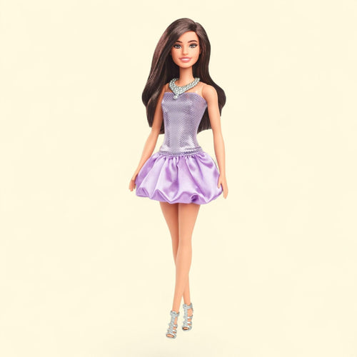 Barbie Fashionistas Doll #234, Sequined Purple Dress, Silvery Accessories, Brown Hair