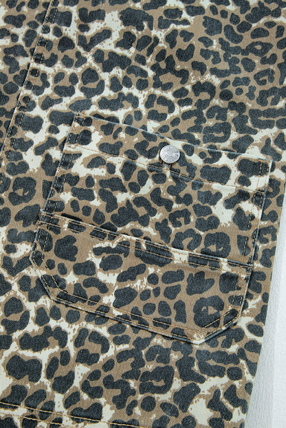 Gray Leopard Print Pocketed Loose Fit Denim Overall Dress