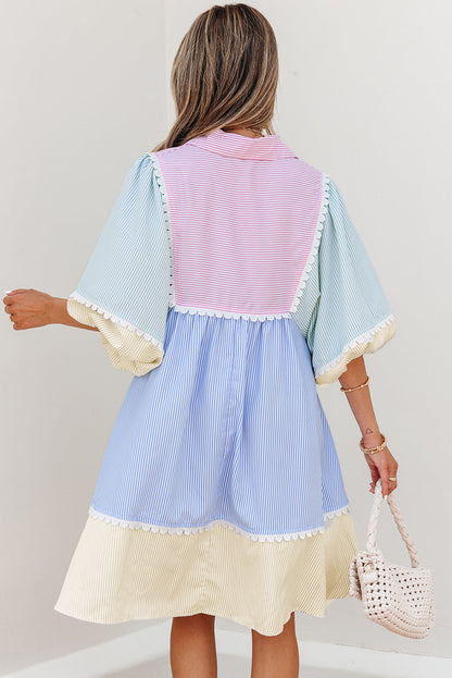 Multicolour Striped Patchwork Ric Rac Puff Sleeve Collared Mini Dress
