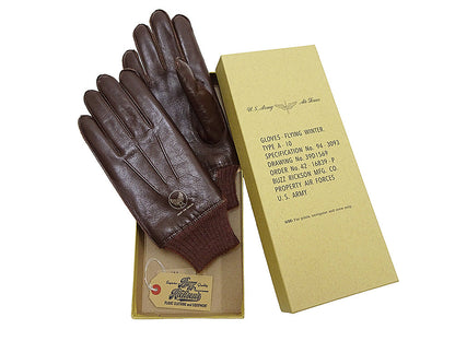 Buzz Rickson Men's Type A-10 Leather Gloves - U.S. Army Air Forces Reproduction - Made in Japan - (BR02835 02 Brown Leather with Brown Ribbed Knit Wrist Cuffs)