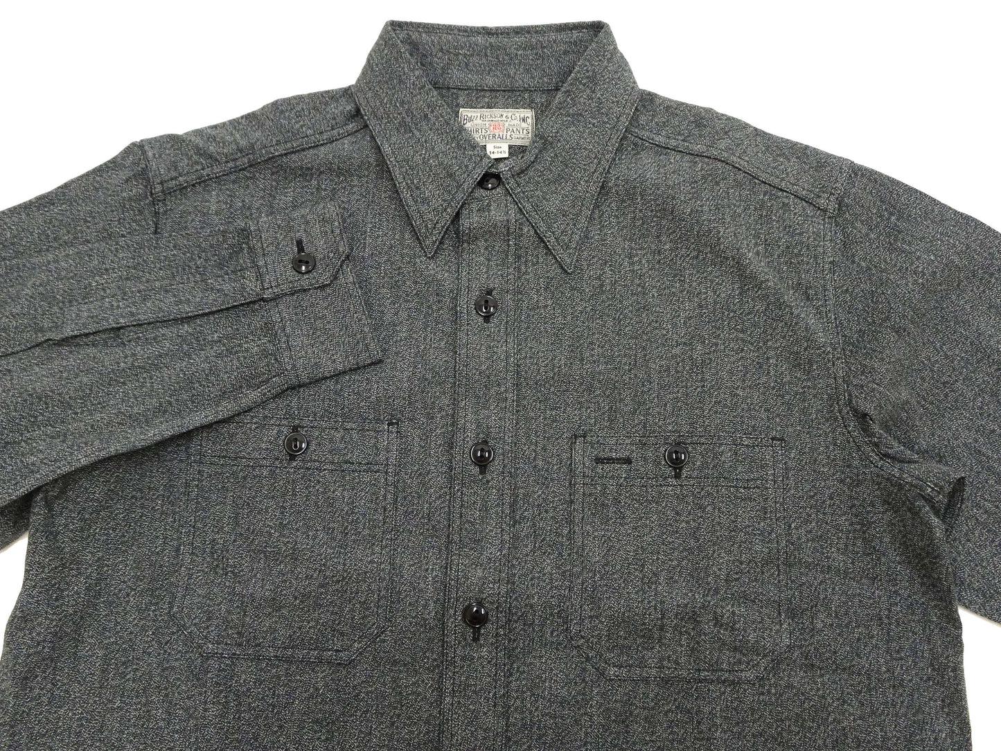 Buzz Rickson Cotton Covert Work Shirt - Men's Casual Vintage-Style Long Sleeve Button Up Shirt BR26082 119 Heathered-Black
