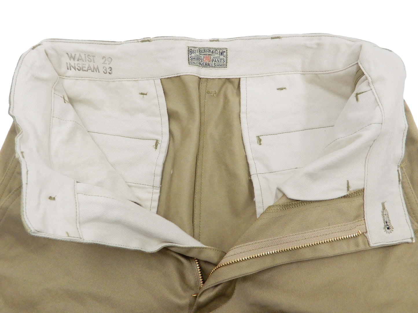 Buzz Rickson's Men's Original Spec Chinos 8.2 oz. Cotton Twill High-Rise Slimmer Straight Fit Military Chino Trousers with Zipper Fly Made in Japan (BR40025, 02 Khaki One Wash)