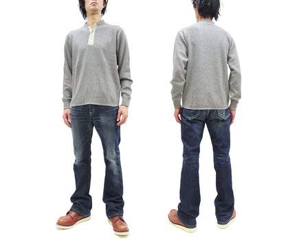 Buzz Rickson Waffle-Knit Thermal Henley T-Shirt Men's Long Sleeve Plain 3-Button Placket Heavyweight Thermal Tee BR68130 113 Heather-Gray