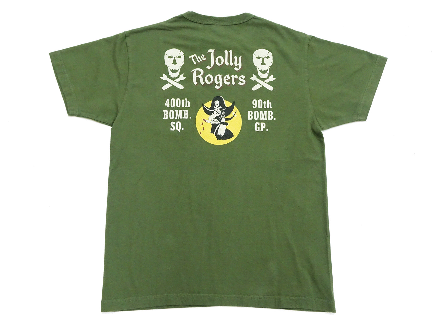 Buzz Rickson Men's Short Sleeve Loopwheeled Graphic Pocket T-Shirt - Jolly Rogers Military-Inspired Print - Made in USA (BR79711 149 Olive)