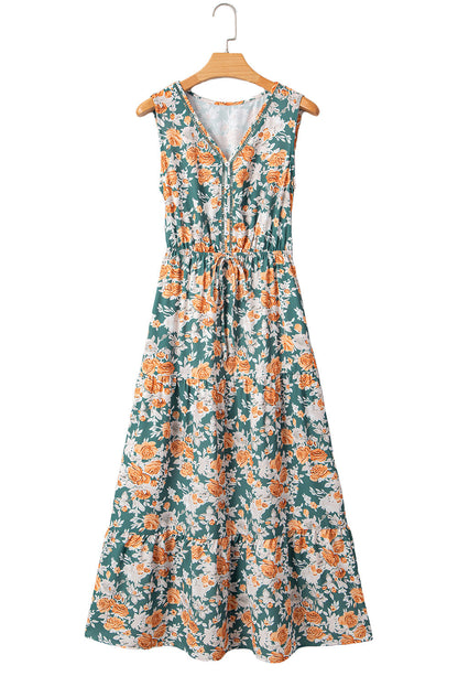 Green Floral Print Trimmed V Neck Tie Waist Sleeveless Holiday Long Dress