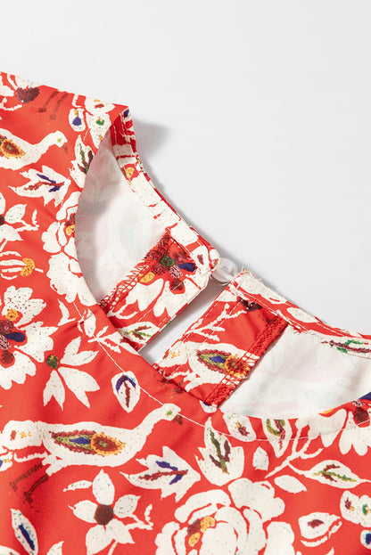 Red Colorful Floral Patchwork Long Sleeve Pleated Mini Dress