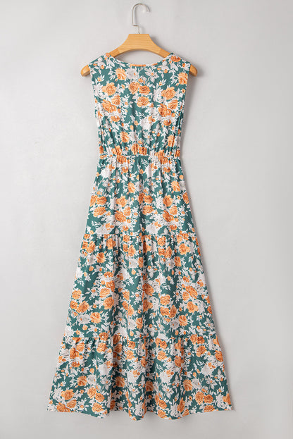 Green Floral Print Trimmed V Neck Tie Waist Sleeveless Holiday Long Dress