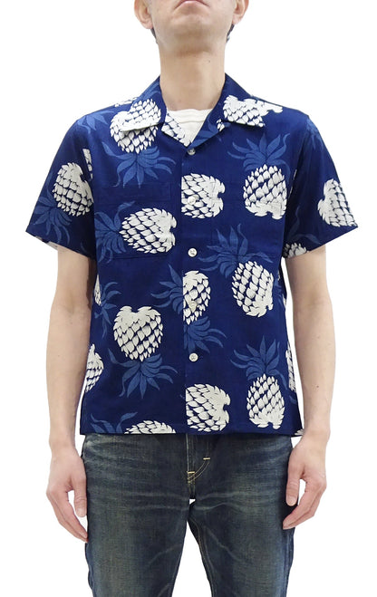 Duke Kahanamoku Cotton Hawaiian Shirt Men's 1950s Duke's Pineapple Print Reproduction Short-Sleeve Indigo Aloha Shirt DK39045 128 Navy-Blue