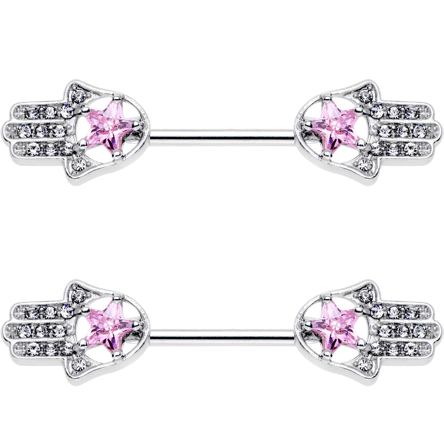 14G 9/16 Pink Gem Star Hamsa Hand Barbell Nipple Ring Set