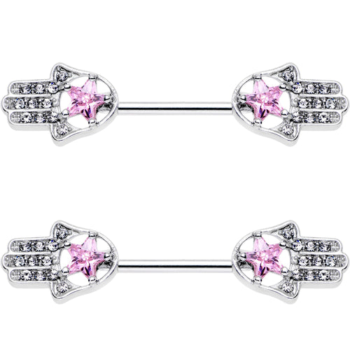14G 9/16 Pink Gem Star Hamsa Hand Barbell Nipple Ring Set