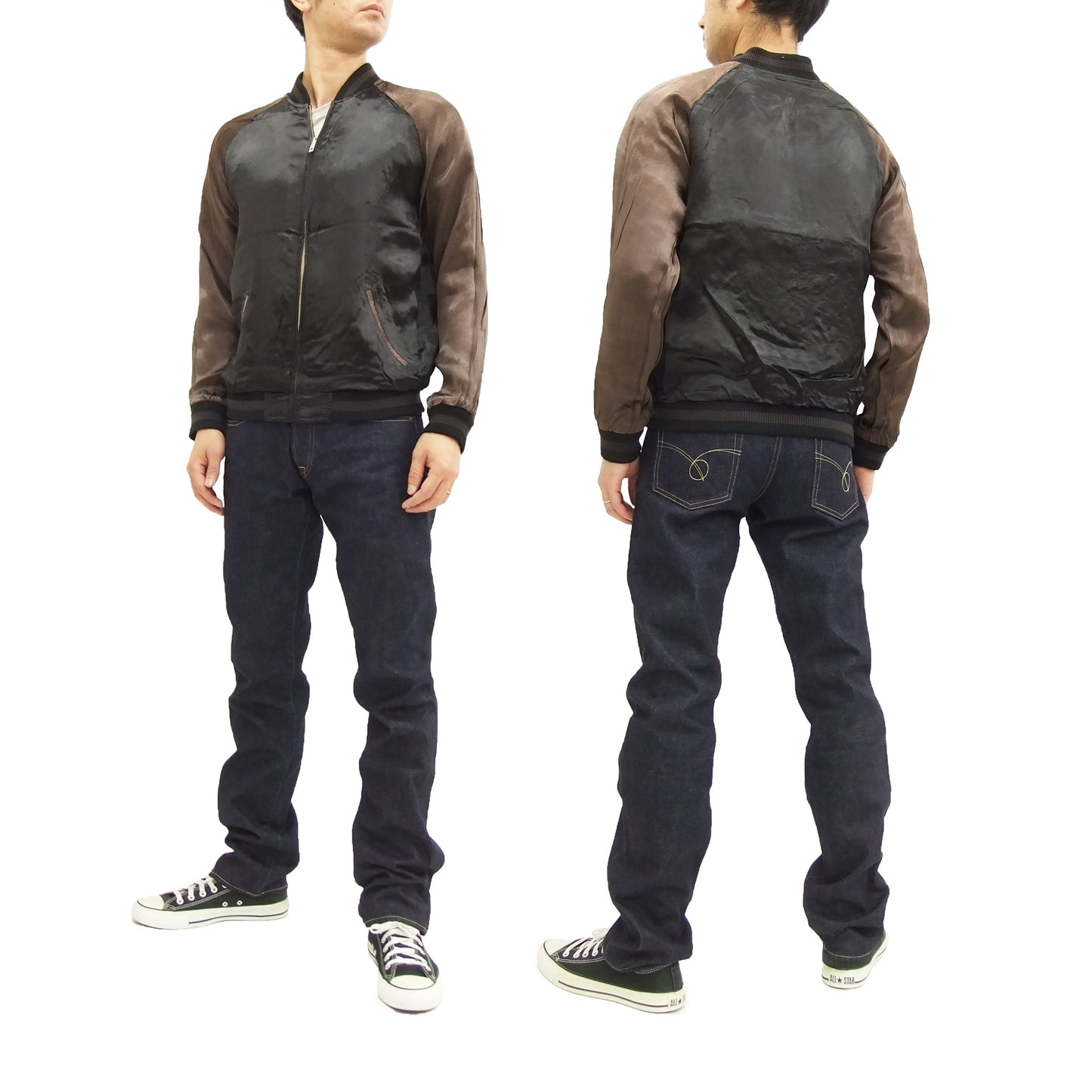 Satori Script Japanese Souvenir Jacket Koi Fish Carps Men's Sukajan GSJR-011 Black/Charcoal-Gray