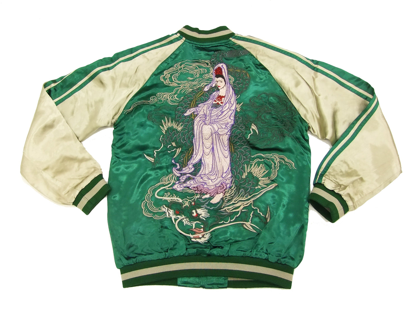 Satori Script Japanese Souvenir Jacket Guanyin Men's Sukajan GSJR-013 Green/Beige