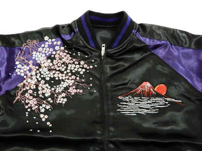 Satori Script Men's Japanese Souvenir Jacket Geisha Oiran Sukajan GSJR-021 Black/Dark-Blue