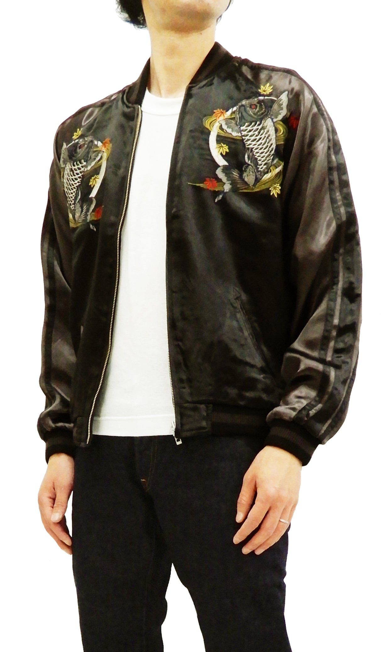 Satori Script Men's Japanese Souvenir Jacket Koi Fish Carp Sukajan GSJR-023 Black/Charcoal-Gray