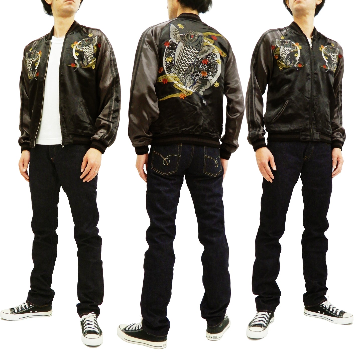Satori Script Men's Japanese Souvenir Jacket Koi Fish Carp Sukajan GSJR-023 Black/Charcoal-Gray