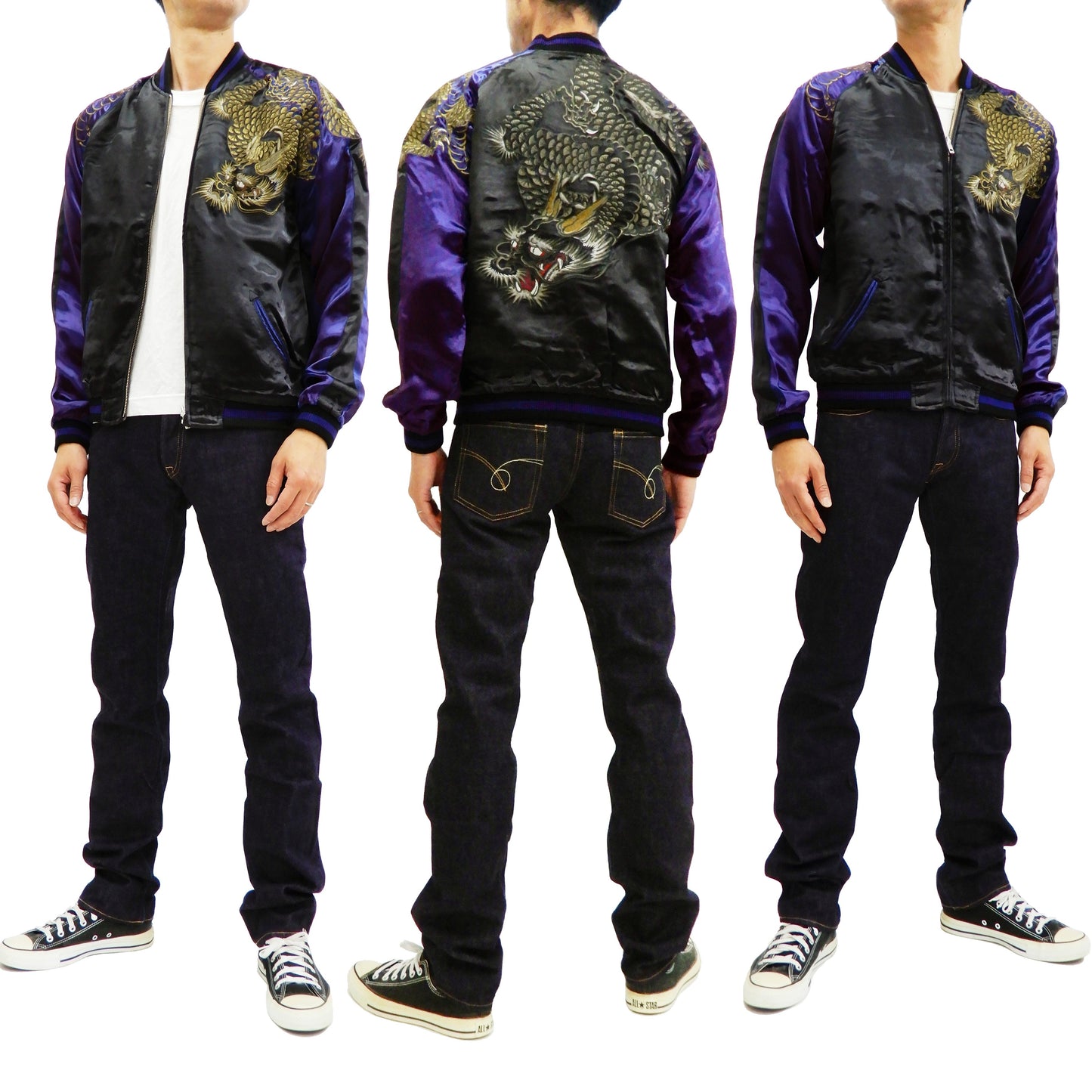 Satori Script Men's Japanese Souvenir Jacket Dragon Embroidered Sukajan GSJR-026 Black/Navy-Blue
