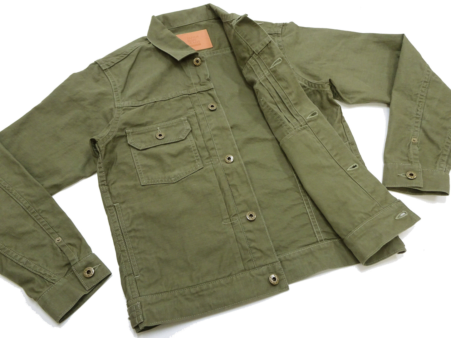 Japan Blue Jeans Jacket Men's Modern-Fit Type 2 Style Lightweight Sulphur-Dyed Back Satin Jacket JBGJ1020 Olive One-Wash