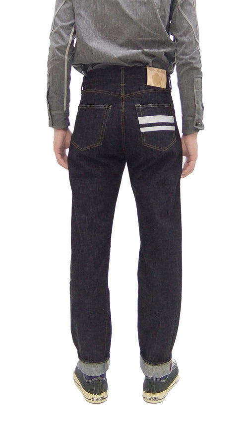 Momotaro Jeans #200 with Double-Stripe Paint Men's Regular Tapered Fit Zip-Fly Jean Pants 14.7oz. Zimbabwean Cotton Deep Indigo Denim MMJZ0201 One-Wash
