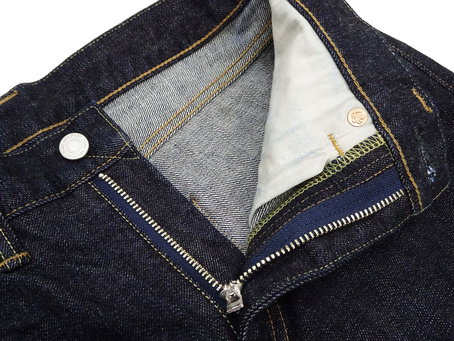 Momotaro Jeans #200 with Double-Stripe Paint Men's Regular Tapered Fit Zip-Fly Jean Pants 14.7oz. Zimbabwean Cotton Deep Indigo Denim MMJZ0201 One-Wash