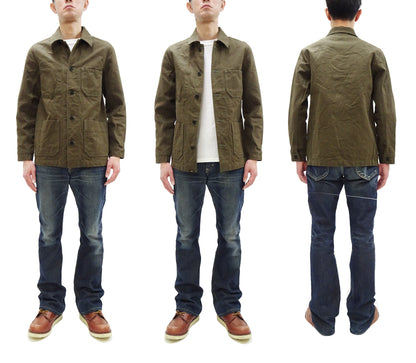 Oni Denim Chore Coat ONI-03100-HOX Men's Casual Modern-Fit Sulfur-Dyed Cotton Slub Oxford Weave Work Jacket Olive-Green One-Wash