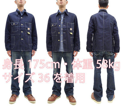 Sugar Cane Jacket SC15658 Men's Casual 9oz. WAbash Stripe Work Coat Chore Coat Indigo One-Wash