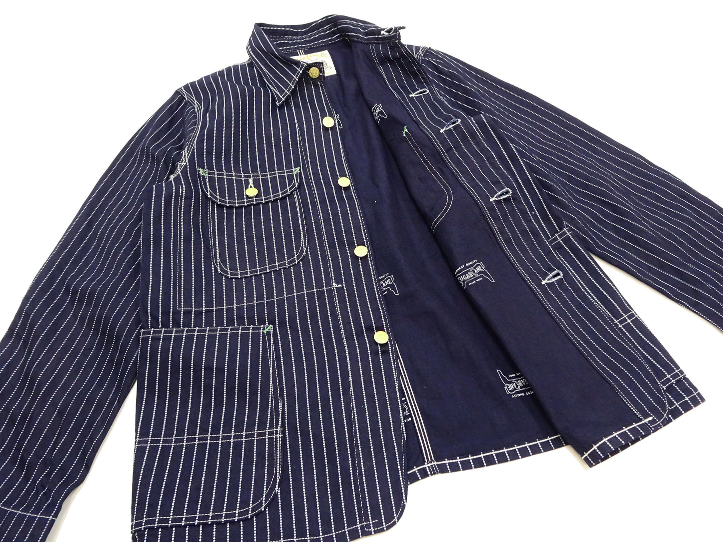 Sugar Cane Jacket SC15658 Men's Casual 9oz. WAbash Stripe Work Coat Chore Coat Indigo One-Wash