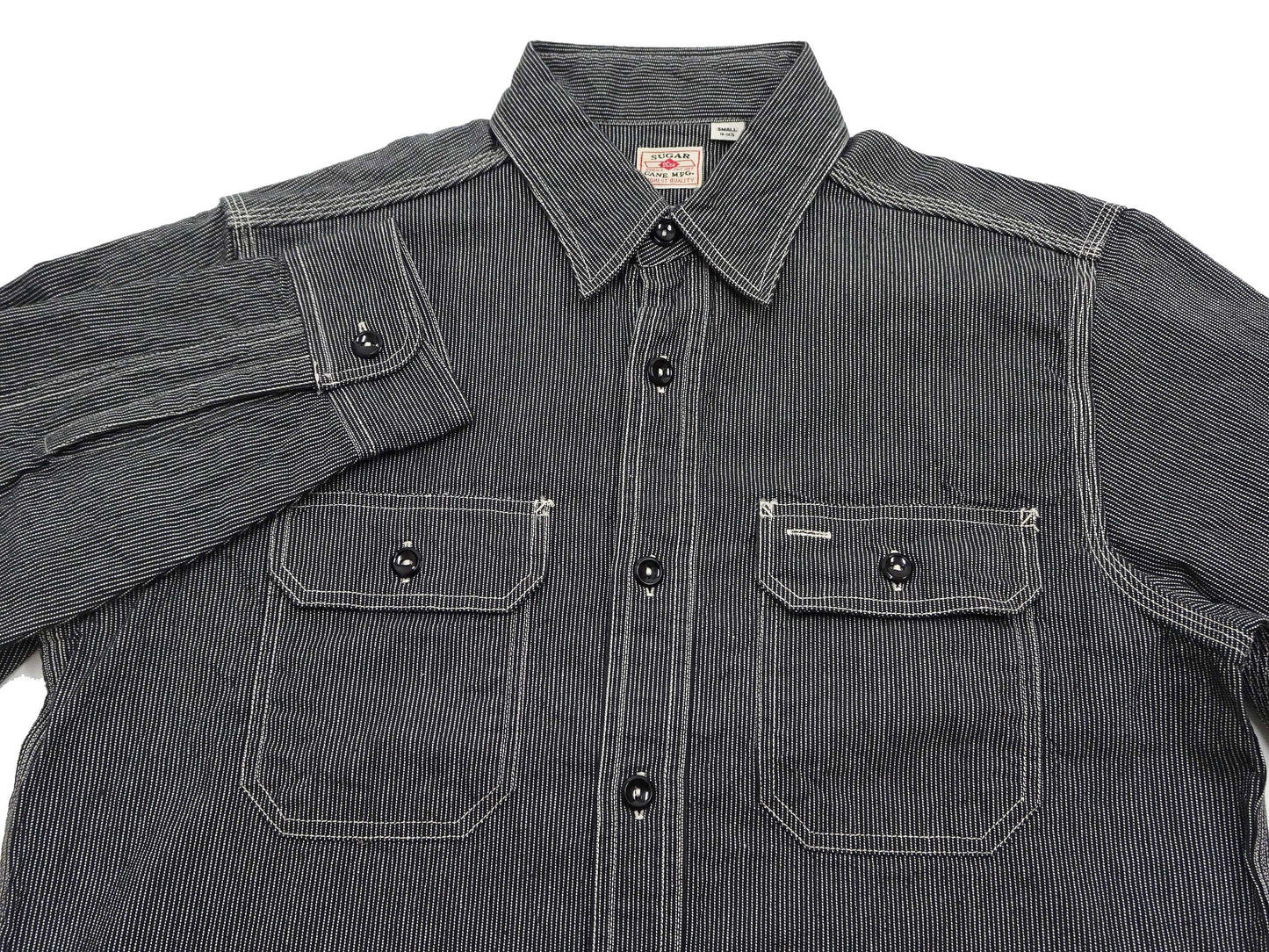 Sugar Cane Work Shirt with Vertical Hairline Code Stripe Pattern Men's Casual Jean Cord Long Sleeve Button Up Shirt SC25511 119 Black