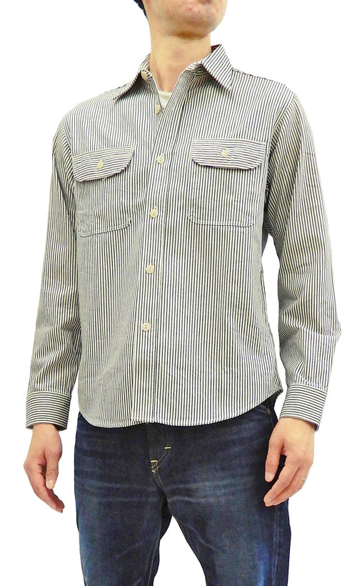 Sugar Cane Hickory Stripe Work Shirt Men's Casual Long Sleeve Button Up Shirt SC27853 Off-White
