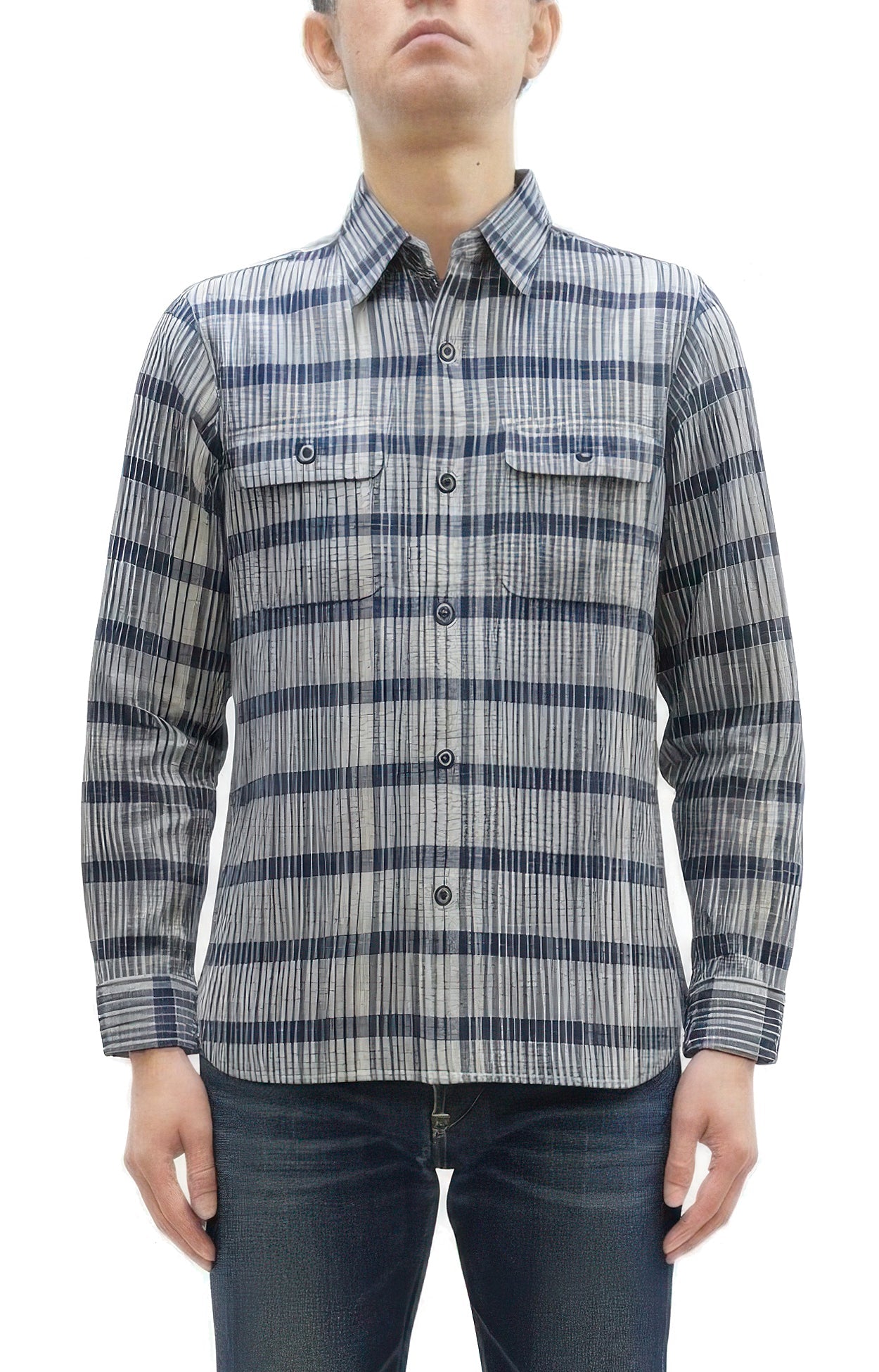 Sugar Cane Men's Indigo Plaid Long-Sleeve Work Shirt - Fiction Romance Collection - 100% Cotton, Inspired by Traditional Japanese Kimono Fabric, Made in Japan (SC29591 401A Off White)