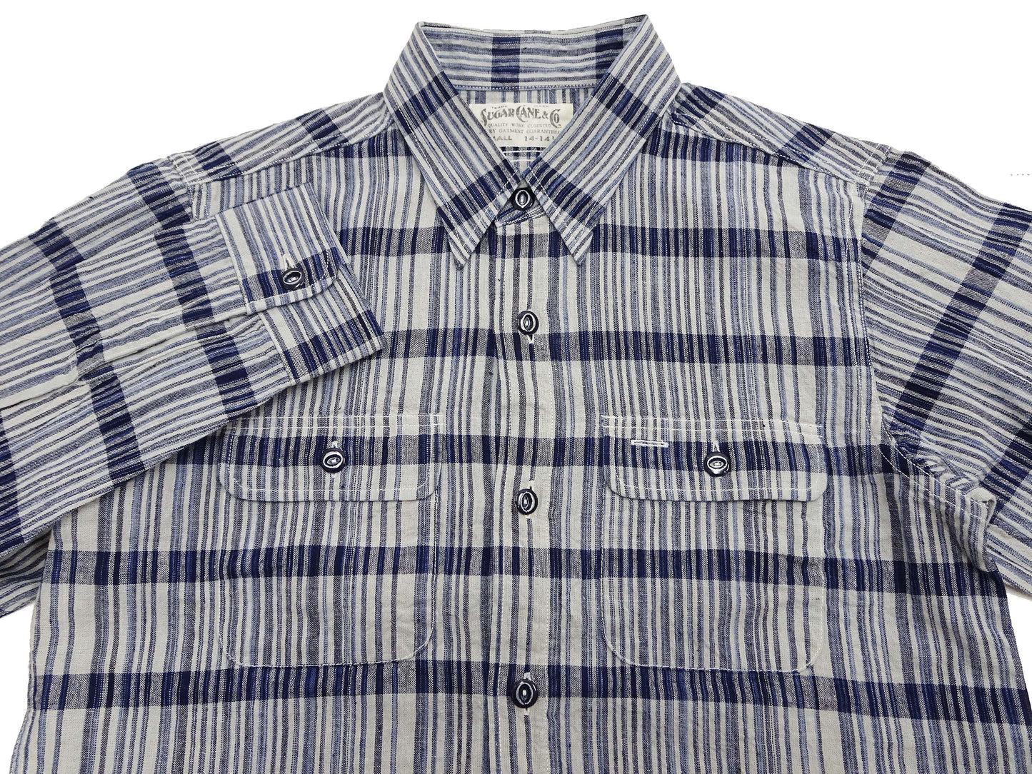 Sugar Cane Men's Indigo Plaid Long-Sleeve Work Shirt - Fiction Romance Collection - 100% Cotton, Inspired by Traditional Japanese Kimono Fabric, Made in Japan (SC29591 401A Off White)