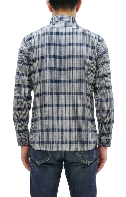 Sugar Cane Men's Indigo Plaid Long-Sleeve Work Shirt - Fiction Romance Collection - 100% Cotton, Inspired by Traditional Japanese Kimono Fabric, Made in Japan (SC29591 401A Off White)