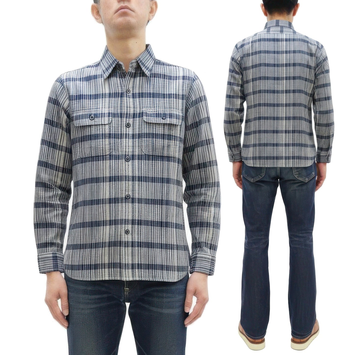 Sugar Cane Men's Indigo Plaid Long-Sleeve Work Shirt - Fiction Romance Collection - 100% Cotton, Inspired by Traditional Japanese Kimono Fabric, Made in Japan (SC29591 401A Off White)