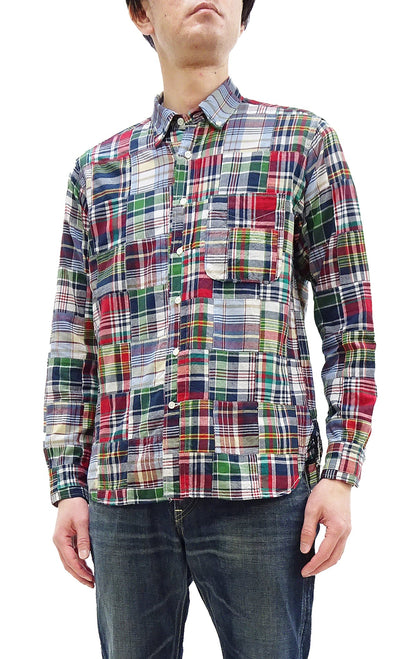 Sugar Cane Men's Long Sleeve Patchwork Madras Button-Down Shirt, Lightweight 100% Cotton Plaid, Made in Japan (SC29736 128 Navy Tone)