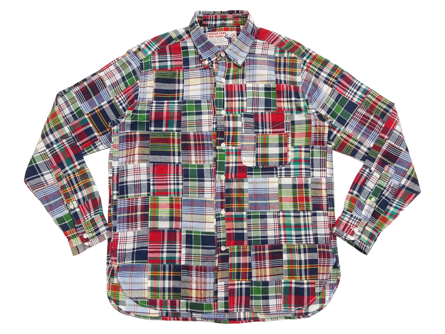 Sugar Cane Men's Long Sleeve Patchwork Madras Button-Down Shirt, Lightweight 100% Cotton Plaid, Made in Japan (SC29736 128 Navy Tone)