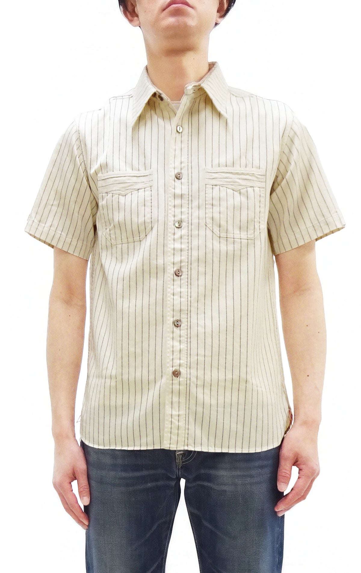 Sugar Cane Men's Short Sleeve Ecru Wabash Stripe Work Shirt 8.5 oz Cotton Twill Made in Japan (Fiction Romance SC37275 401A One-Wash)