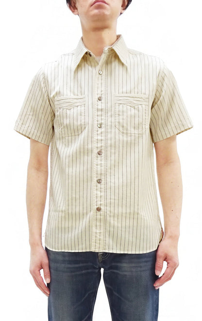Sugar Cane Men's Short Sleeve Ecru Wabash Stripe Work Shirt 8.5 oz Cotton Twill Made in Japan (Fiction Romance SC37275 401A One-Wash)