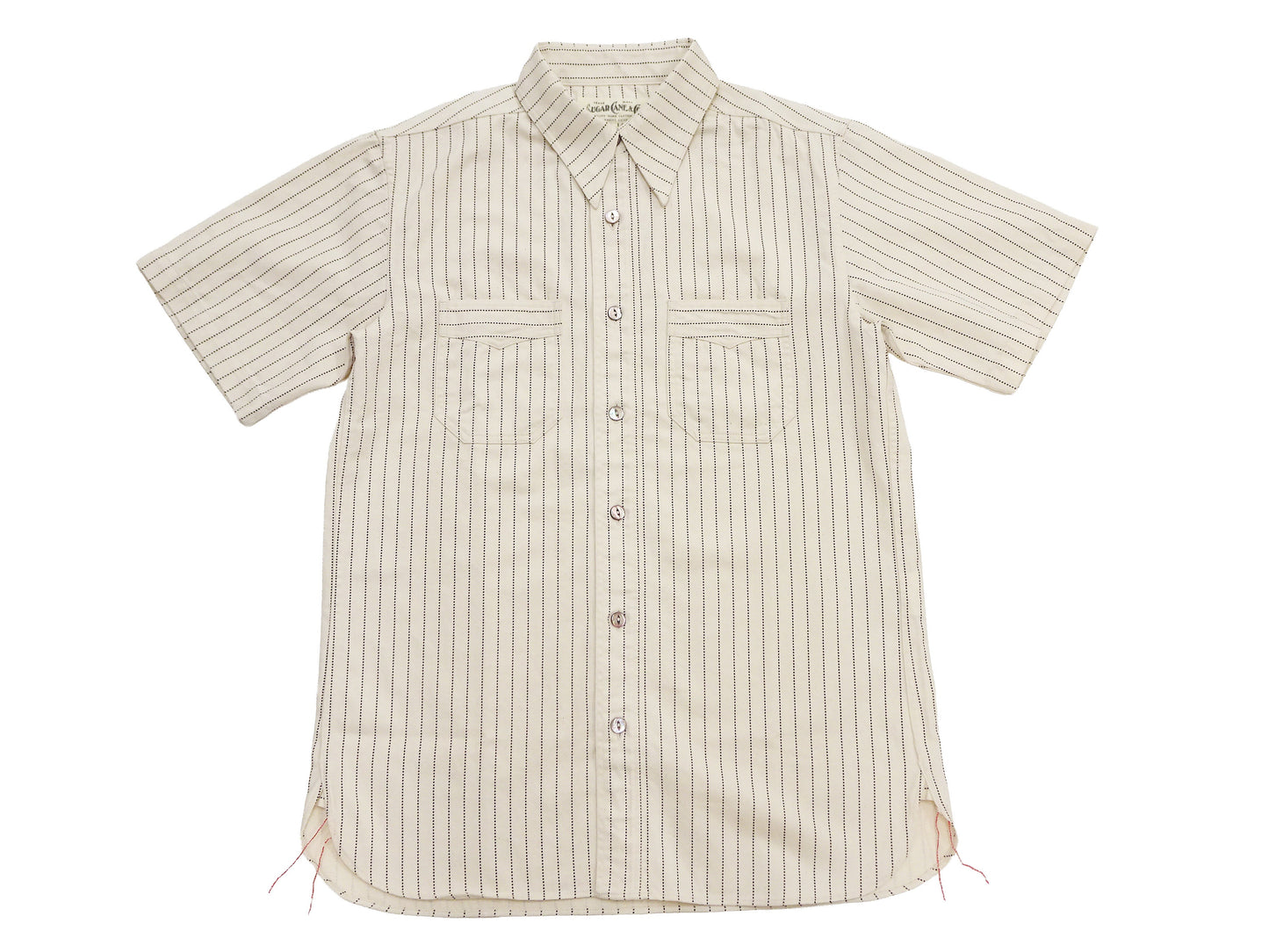Sugar Cane Men's Short Sleeve Ecru Wabash Stripe Work Shirt 8.5 oz Cotton Twill Made in Japan (Fiction Romance SC37275 401A One-Wash)