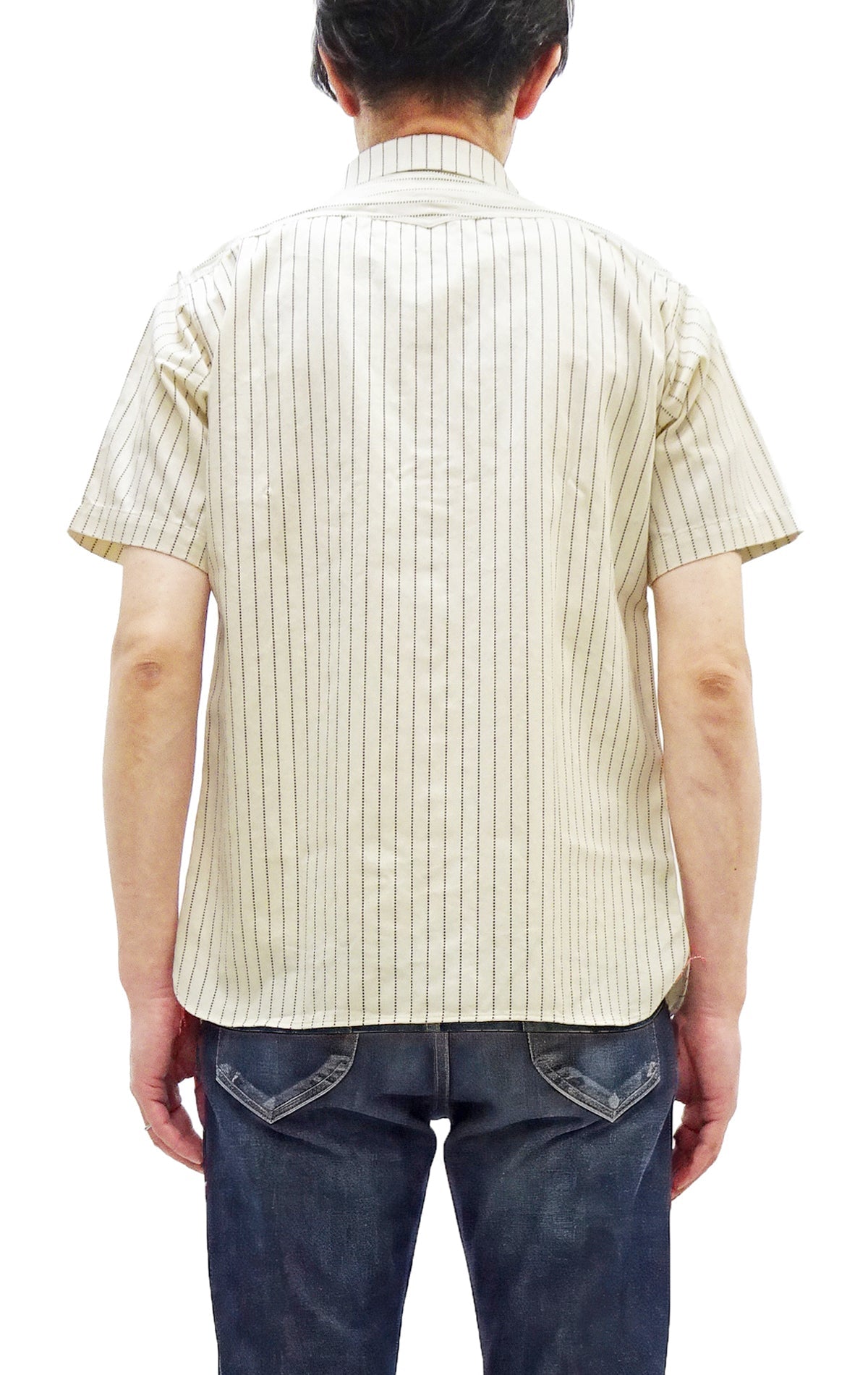 Sugar Cane Men's Short Sleeve Ecru Wabash Stripe Work Shirt 8.5 oz Cotton Twill Made in Japan (Fiction Romance SC37275 401A One-Wash)