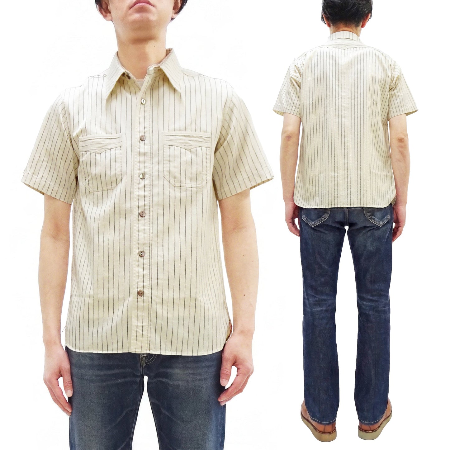 Sugar Cane Men's Short Sleeve Ecru Wabash Stripe Work Shirt 8.5 oz Cotton Twill Made in Japan (Fiction Romance SC37275 401A One-Wash)