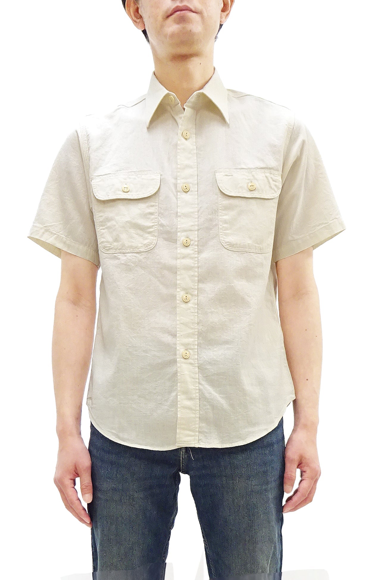 Sugar Cane Ecru Chambray Shirt Men's Casual Short Sleeve Plain Button Up Work Shirt SC37942 401 Ecru One Wash