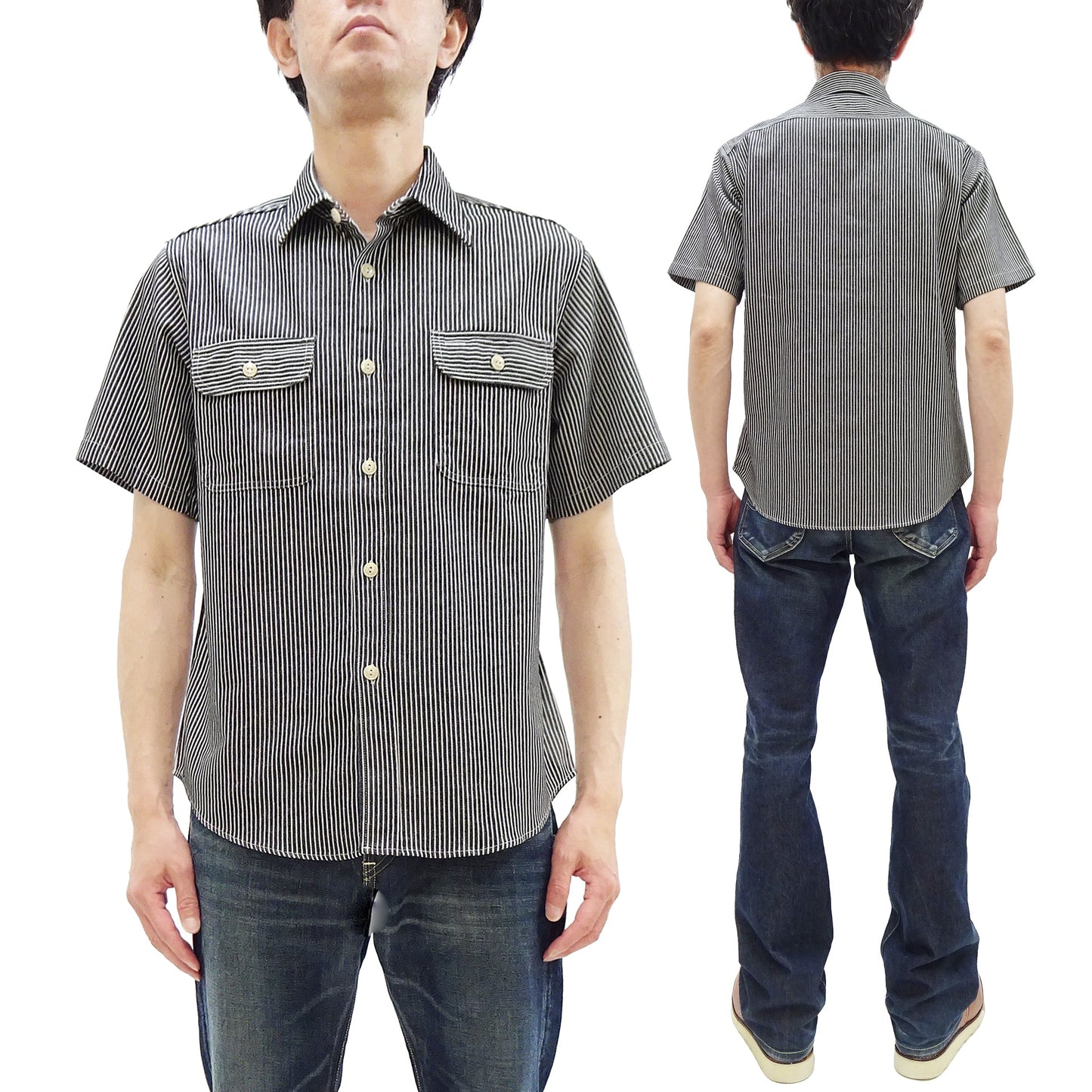 Sugar Cane Hickory Stripe Work Shirt - Men's Casual Short Sleeve Button Up Shirt SC37944 119 Black
