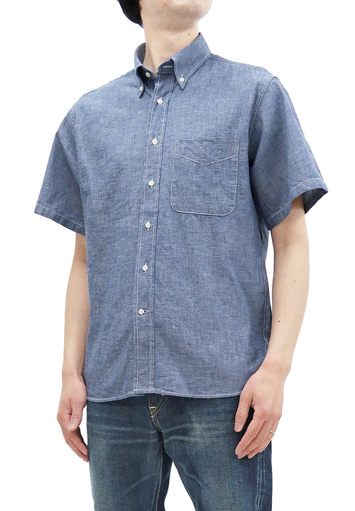Sugar Cane Plain Chambray Shirt Men's Relaxed Fit Button-Down Collar Short Sleeve Casual Shirt SC38903 421 Blue One-Wash
