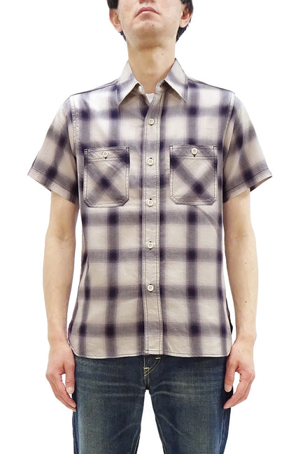 Sugar Cane Ombre Plaid Work Shirt Men's Casual Vintage-Style Short Sleeve Check Button Up Shirt SC39519 105 Off-White