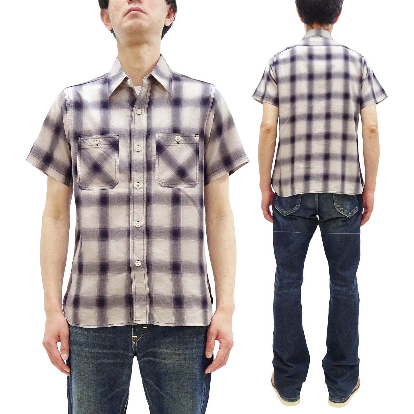Sugar Cane Ombre Plaid Work Shirt Men's Casual Vintage-Style Short Sleeve Check Button Up Shirt SC39519 105 Off-White