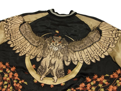 Hanatabi Gakudan Men's Japanese Souvenir Jacket Owl and Autumn Leaves Sukajan Script SKJ-179
