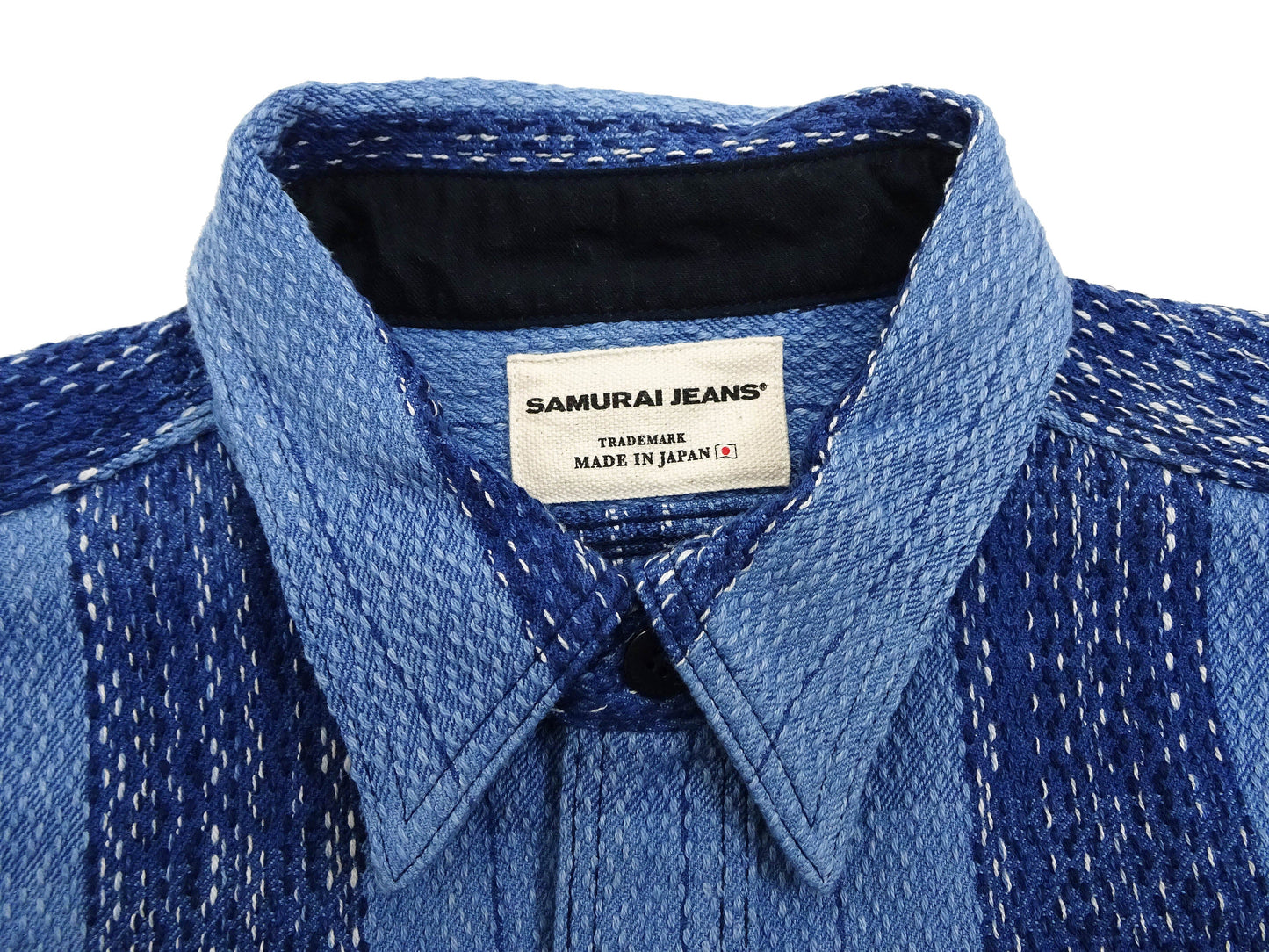 Samurai Jeans Indigo Sashiko Shirt Men's Casual Indigo Plaid with Sashiko Stitch Long Sleeve Work Shirt SKN24-01