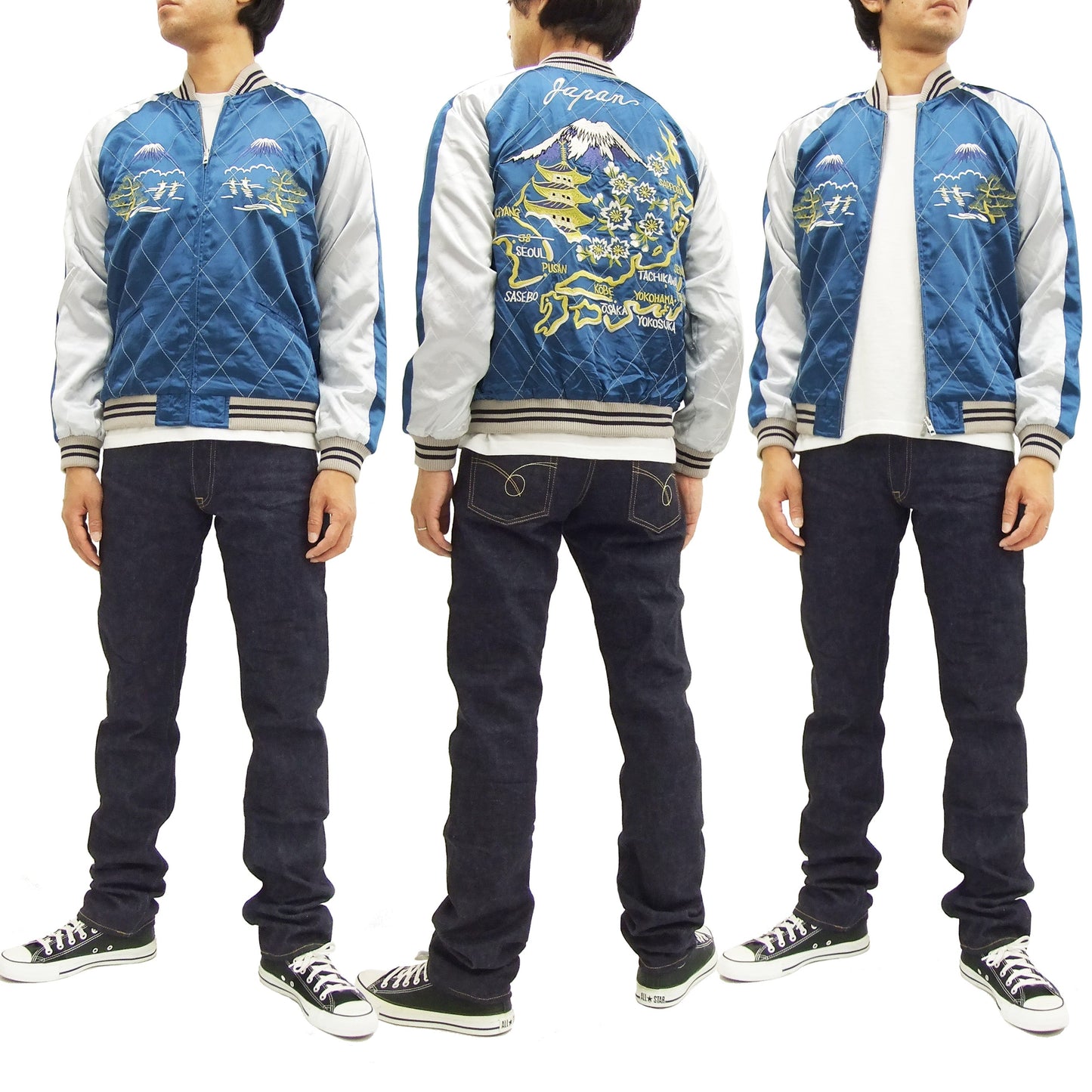 Hanatabi Gakudan Men's Japanese Souvenir Jacket Japan Map Sukajan Script SRSJ-001